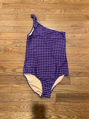 J. Crew Crewcuts size 14 blue and purple gingham one shoulder swimsuit, NWT